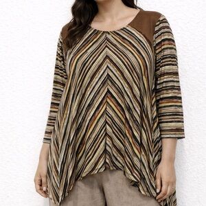Multiples Brown Asymmetrical‎ liquid knit 3/4 Sleeve Blouse 2X